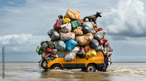 yellow vehicle overloaded with colorful bags and goods in floodwaters, showcasing resilience and struggle against nature forces