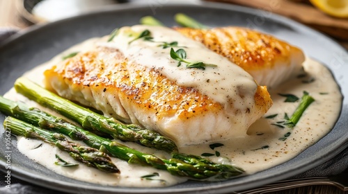 Italian gourmet dish of fish and asparagus with creamy b?(C)chamel sauce photo