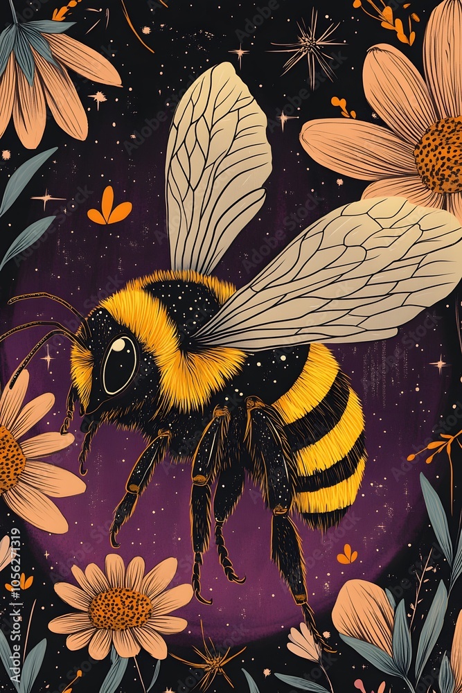 A close-up of a bumblebee sticker, yellow and black with a purple background, in a cartoon style, with flowers around the bee and a starry night sky in the background