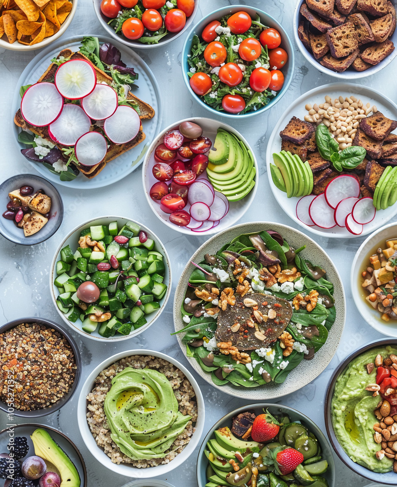 A variety of healthy and delicious meals are spread out on a light blue table A variety of healthy and delicious meals are spread out on a light blue table
