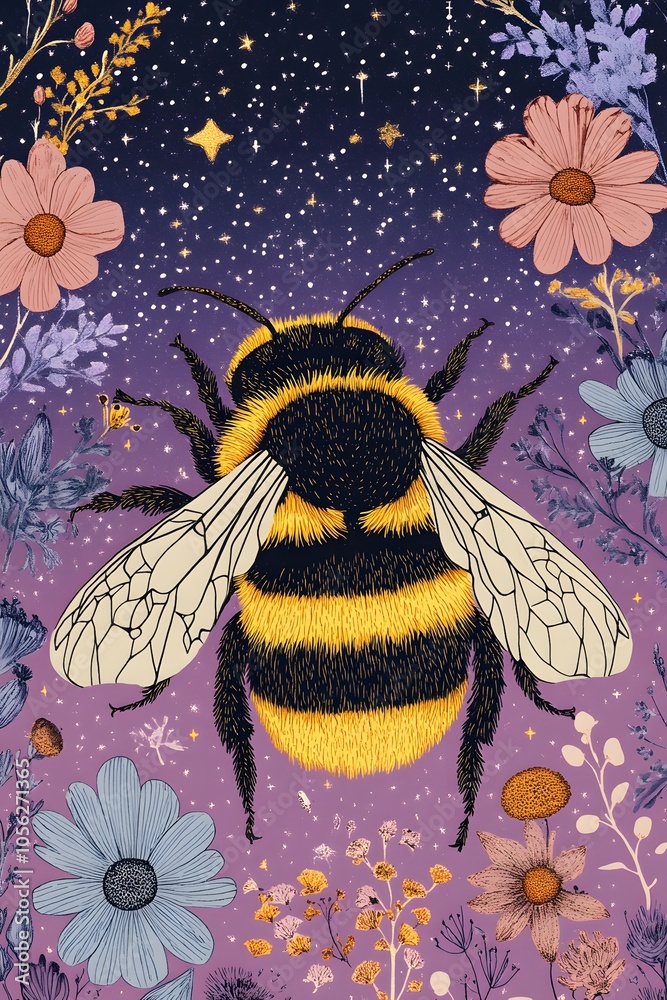 A close-up of a bumblebee sticker, yellow and black with a purple background, in a cartoon style, with flowers around the bee and a starry night sky in the background