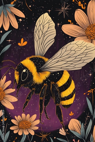 Obraz na płótnie A close-up of a bumblebee sticker, yellow and black with a purple background, in a cartoon style, with flowers around the bee and a starry night sky in the background w salonie