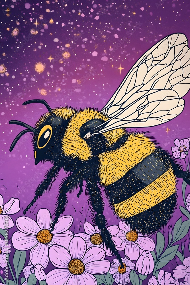 A close-up of a bumblebee sticker, yellow and black with a purple background, in a cartoon style, with flowers around the bee and a starry night sky in the background
