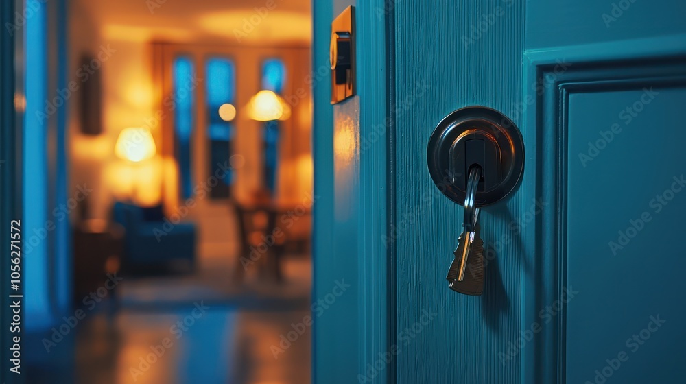 Keys hang in a door lock with a home interior in the background, depicting home security and residential life. Keys hang in a door lock with a home interior in the background, depicting home security and residential life.