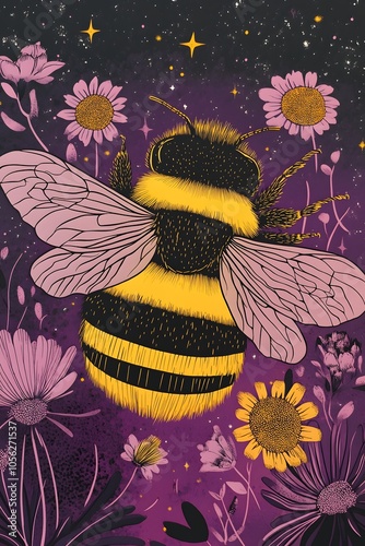 A close-up of a bumblebee sticker, yellow and black with a purple background, in a cartoon style, with flowers around the bee and a starry night sky in the background