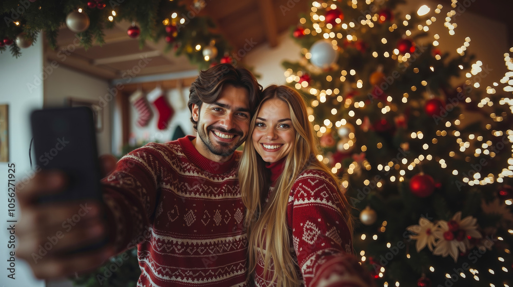 A man and woman taking a selfie in front of a Christmas tree A man and woman taking a selfie in front of a Christmas tree