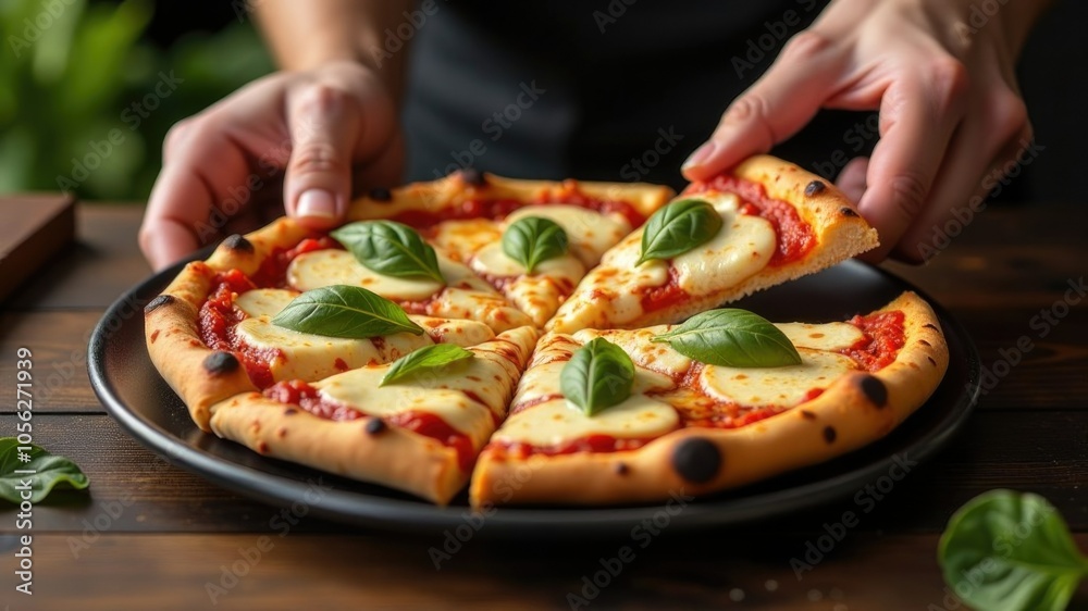 Fresh homemade margherita pizza with basil and mozzarella on rustic plate Fresh homemade margherita pizza with basil and mozzarella on rustic plate