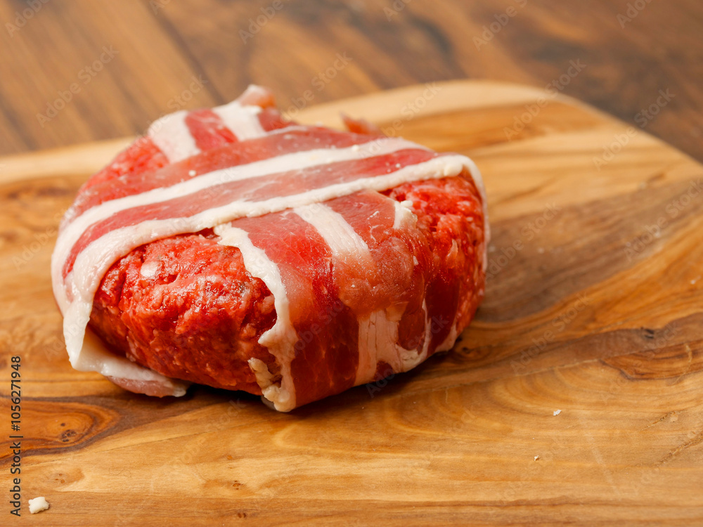 Top quality thick beef burger wrapped in bacon slide or rashers on a wooden cutting board. Premium meat product, butcher craft. Tasty hamburger Top quality thick beef burger wrapped in bacon slide or rashers on a wooden cutting board. Premium meat product, butcher craft. Tasty hamburger