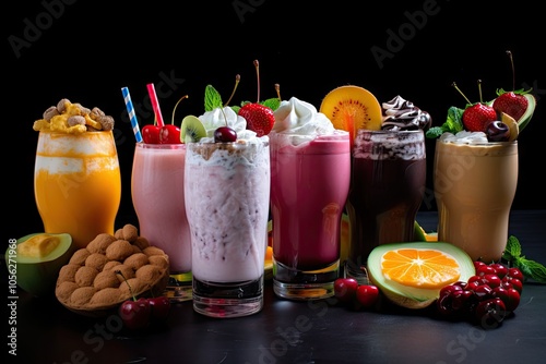 mind-blowing milkshake with mix of different soft drinks and fruit juices photo