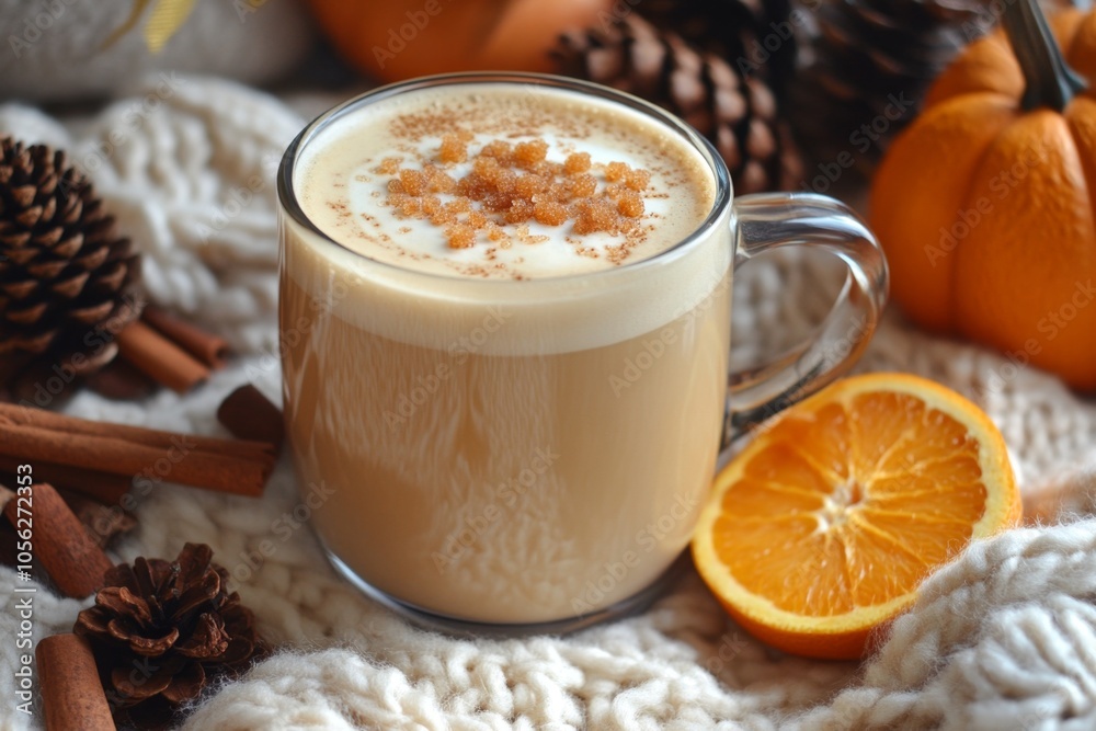 Cozy autumn drink latte with brown sugar and orange slice with cinnamon on warm knitted fabric.