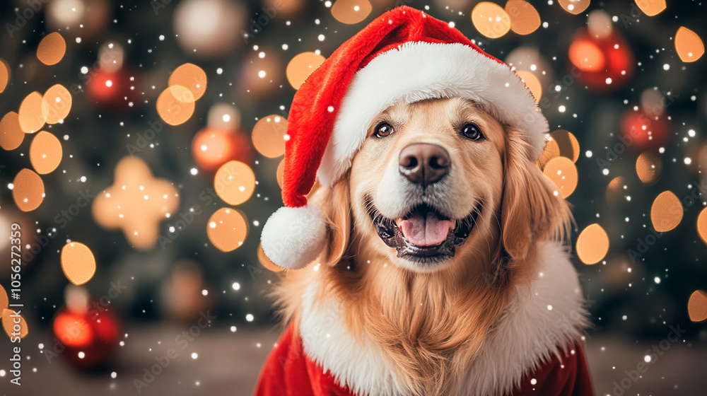 Xmas vibes - christmas mood - happy funny cute labrador / golden retriever wearing santa claus hat in front of christmas tree. Horizontal banner. Xmas vibes - christmas mood - happy funny cute labrador / golden retriever wearing santa claus hat in front of christmas tree. Horizontal banner.