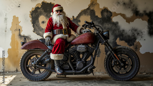 A man dressed as Santa Claus sitting on a motorcycle photo