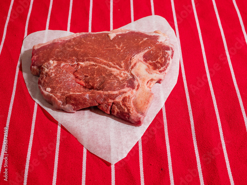 Fresh uncooked T bone steak on heart shaped cooking paper and on classic red and white stripe table cloth. High quality and price beef meat product. Butcher craft. photo