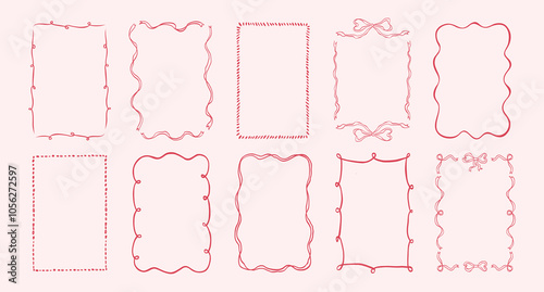 Doodle hand drawn frames with wavy lines, bows and ribbons. Minimalist simple line art. Trendy vintage whimsical borders for wedding invitations, birthday card, prints. Vector modern illustration. photo