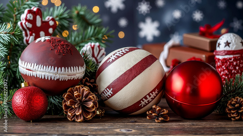 A group of christmas ornaments and a football on a wooden table photo
