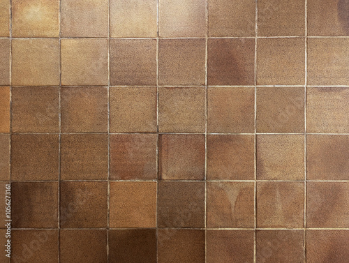 Top view of reddish brown rustic natural stoneware outdoor floor. Classic rough anti-slip matte terracotta ceramic square tiles for paving, terrace, porch, patio, pool exterior texture background. 