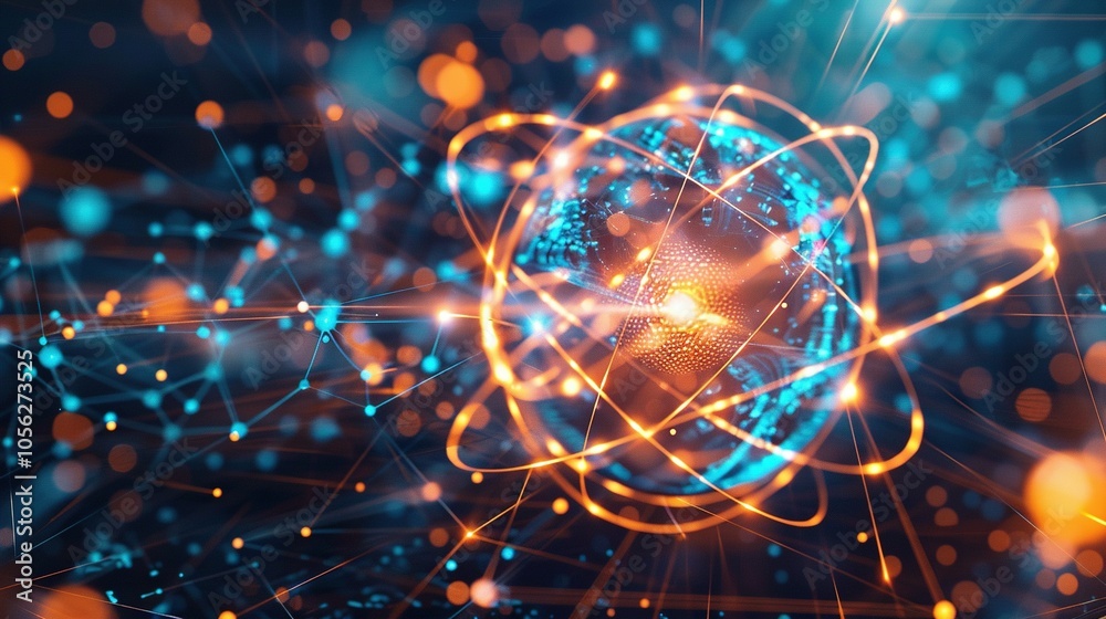 Abstract Representation of a Connected Digital Network with Glowing Lines and Bokeh Lights