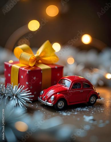 A close-up of a beautiful toy sports car and a wrapped gift with glossy shiny bow , surrounded by Christmas vibrant ornaments in red, green