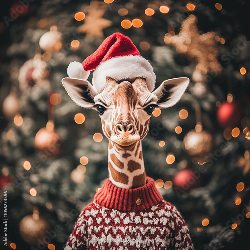 Xmas vibes - christmas mood - happy funny cute giraffe wearing santa claus hat in front of christmas tree. Square frame for instagram post, banner or button photo