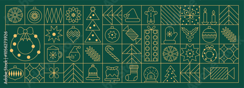Merry Christmas and Happy New Year geometric background in line style. Modern pattern with minimalist Christmas gold line icons. Trendy luxury Xmas design for banner, card, cover, poster.