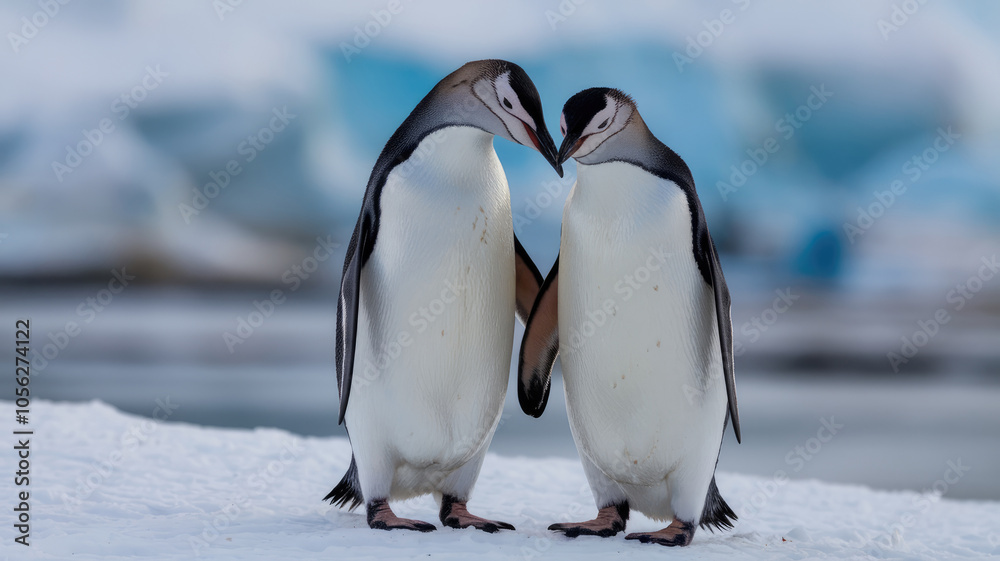 Obraz premium Two penguins are standing close to each other on a snowy surface. They are both facing the camera, and their beaks are touching. The scene is calm and tranquil