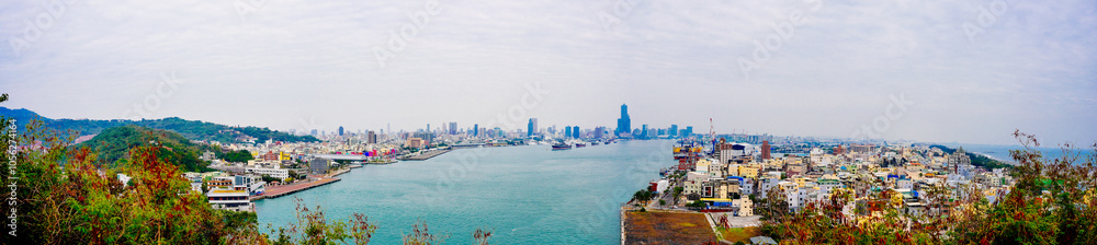 Naklejka premium Kaohsiung, Taiwan, Republic of China, 01 25 2024: The landscape of Cijin island, lighthouse and cihou fort