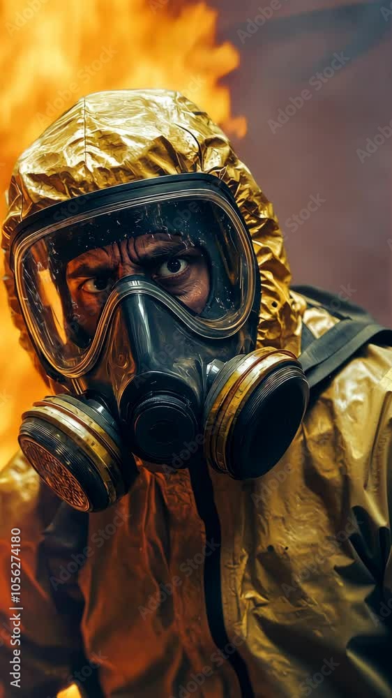 Firefighter in gas mask confidently posing amidst blazing flames Firefighter in gas mask confidently posing amidst blazing flames