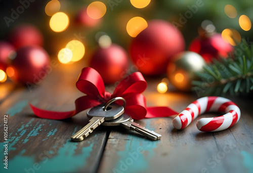 A glossy bow with apartment keys on a dark surface with a blurred Christmas ornaments and lights in the background