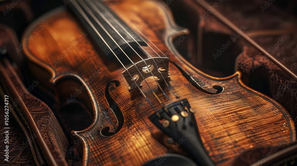 Fototapeta premium Antique violin with a beautiful wood finish is laying in its open case, ready to be played. The warm lighting creates a sense of appreciation for the instrument