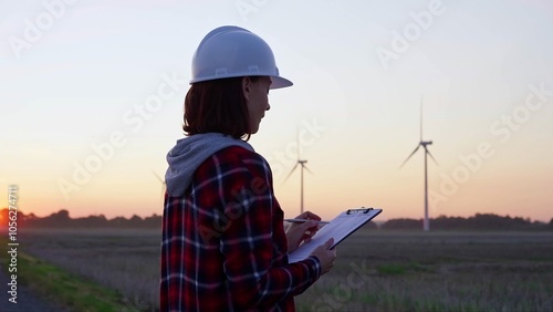 Woman engineer is taking notes on a clipboard on a field with wind turbines, as the sun sets in evening. Clean energy and engineering