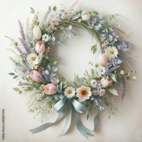 Spring Wreath with Delicate Pastel Flowers and Ribbon Against White Background