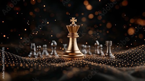 A golden chessboard features prominent pieces connected by glowing blue lines, emphasizing strategic concepts in a digital space