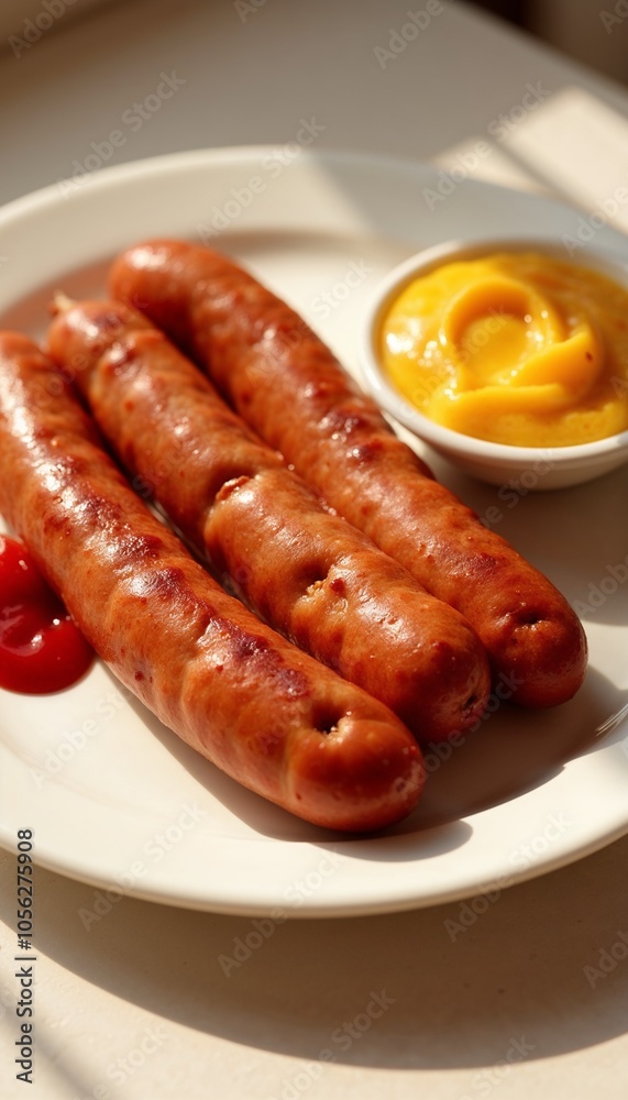 Grilled Sausages with Mustard on White Plate in Natural Light Grilled Sausages with Mustard on White Plate in Natural Light
