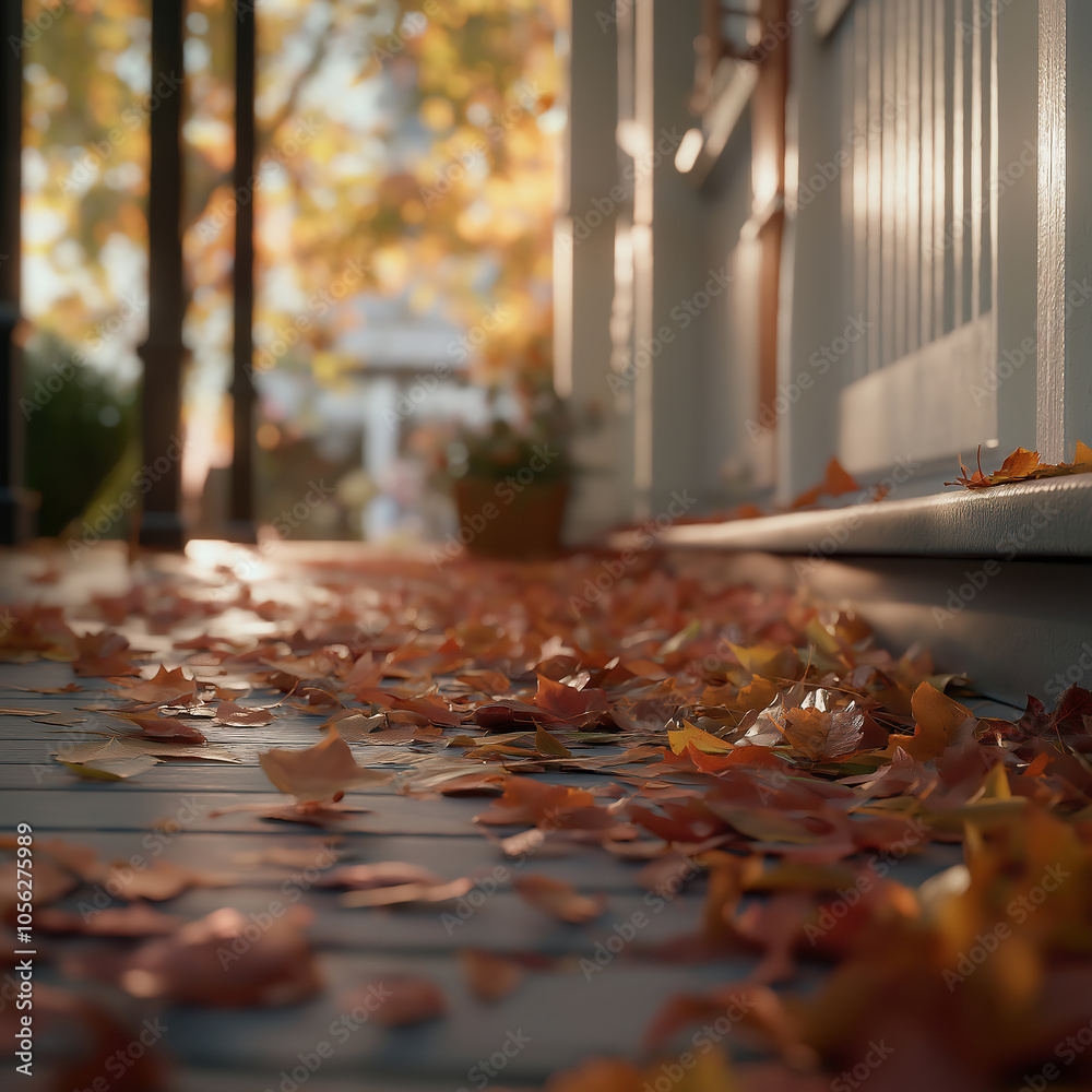 Sunlit porch covered in vibrant autumn leaves at dawn Sunlit porch covered in vibrant autumn leaves at dawn