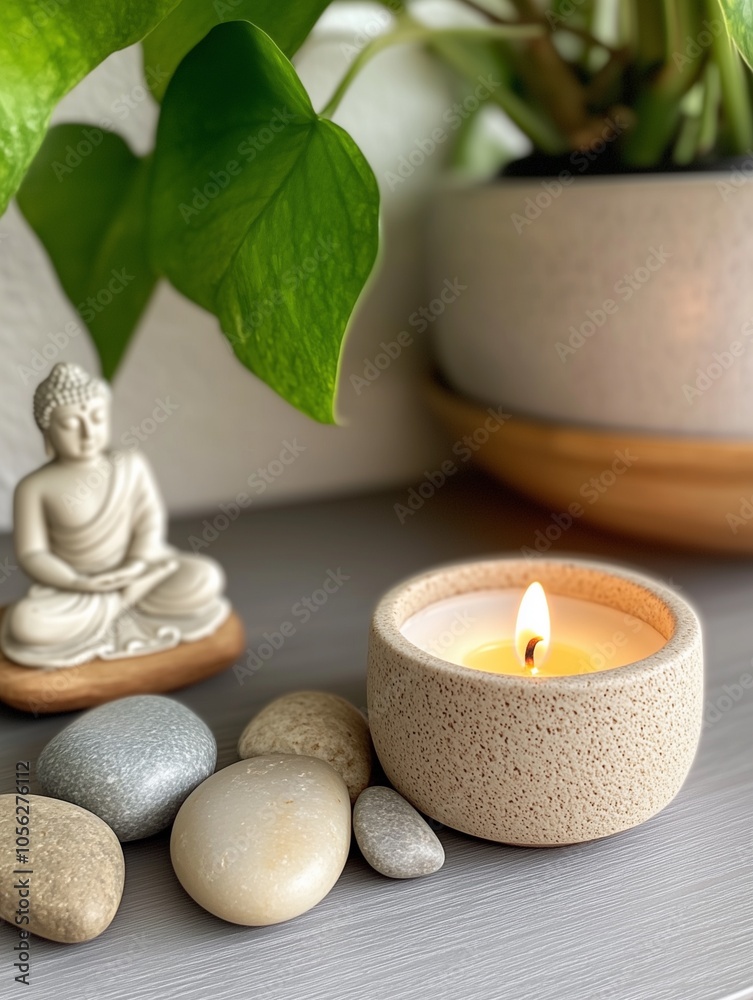 A serene arrangement featuring a lit candle, smooth stones, a Buddha statue, and lush greenery, creating a calming ambiance. A serene arrangement featuring a lit candle, smooth stones, a Buddha statue, and lush greenery, creating a calming ambiance.