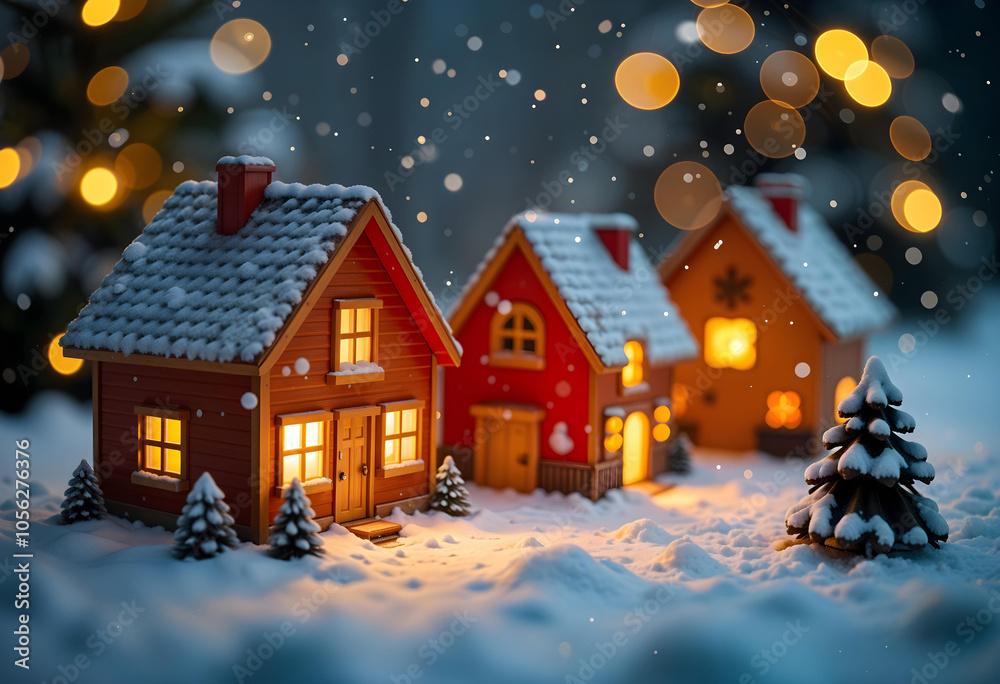 Landscape with miniature houses with lit windows, keys, and a blurred background, festive atmosphere and holiday lights Landscape with miniature houses with lit windows, keys, and a blurred background, festive atmosphere and holiday lights