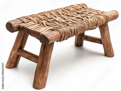 A rustic wooden stool with a woven seat, showcasing traditional craftsmanship and natural materials.