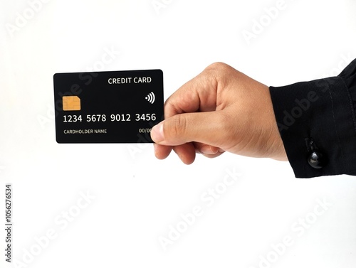 Hand Holding Black Credit Card isolated on white background 