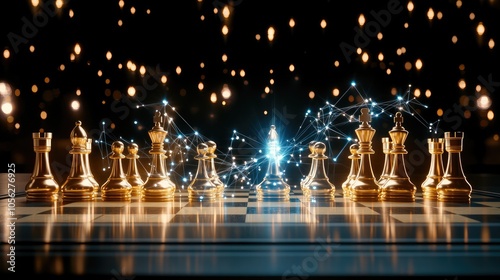 A golden chessboard features prominent pieces connected by glowing blue lines, emphasizing strategic concepts in a digital space