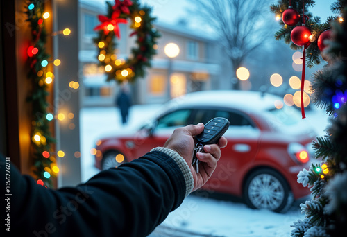 Hand holding a car keys in front of festive holiday background