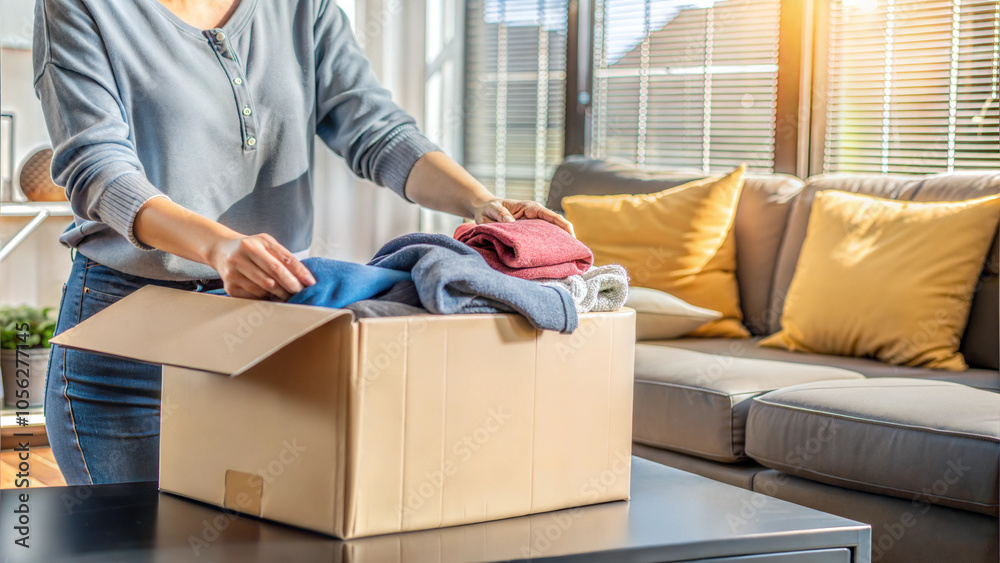 Woman placing folded clothes in box for charity donation to support local community needs Woman placing folded clothes in box for charity donation to support local community needs