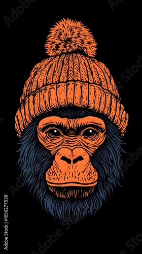 Gorilla head in hat - outline cut out silhouette. Ape, monkey head in knitted hat character mascot
 photo