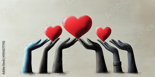 Hands holding red hearts in diverse colors on soft background symbolizes love and unity promoting togetherness and compassion in a modern illustrative style with muted tones
