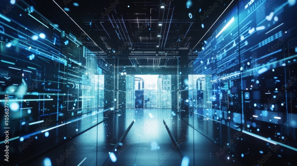 Glowing lines of code and data stream along glass walls in a futuristic server room, showcasing the power and speed of modern technology Glowing lines of code and data stream along glass walls in a futuristic server room, showcasing the power and speed of modern technology