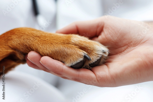 dog's paw in the hand of a veterinarian in a glove on a white background