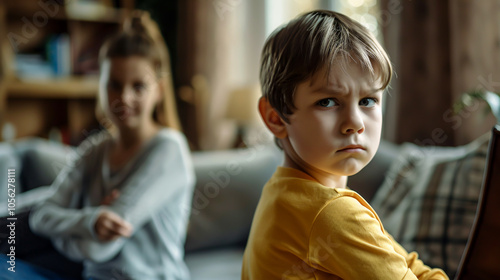 A frustrated mother and her frowning preschooler sitting back to back, with the mother looking worried and the child feeling upset. A depiction of communication challenges between parent and child.