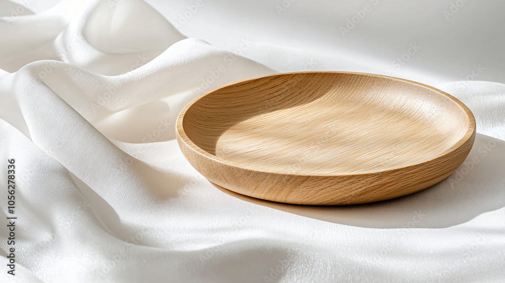 a wooden plate gently set on white linen, blending an earthy, neutral wedding look in beige tones a wooden plate gently set on white linen, blending an earthy, neutral wedding look in beige tones