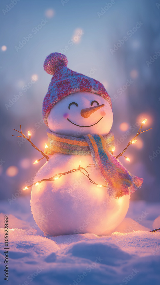 A joyful snowman wrapped in twinkling lights stands in a snowy ...
