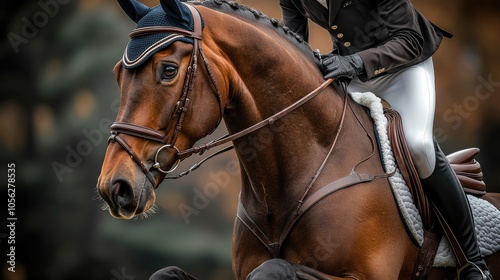 Equestrian rider on brown horse in dressage competition, close-up on head and reins, horse-riding sport, show jumping, animal focus, horse tack, equestrian elegance