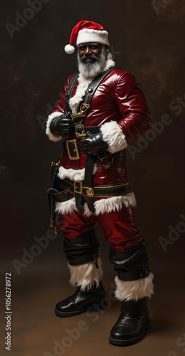 A man dressed as a santa claus standing in front of a brown background